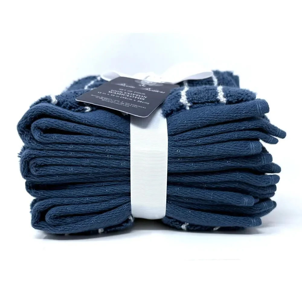 Brooks Brothers Blue White Striped Cotton Face Washcloths 4 Measures 13 X 13”